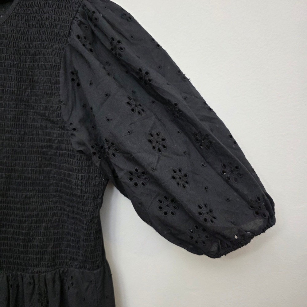 ASOS DESIGN Black Eyelet Cotton Smocked Tiered Maxi Dress Puff Sleeve US 14 Boho - Picture 4 of 15